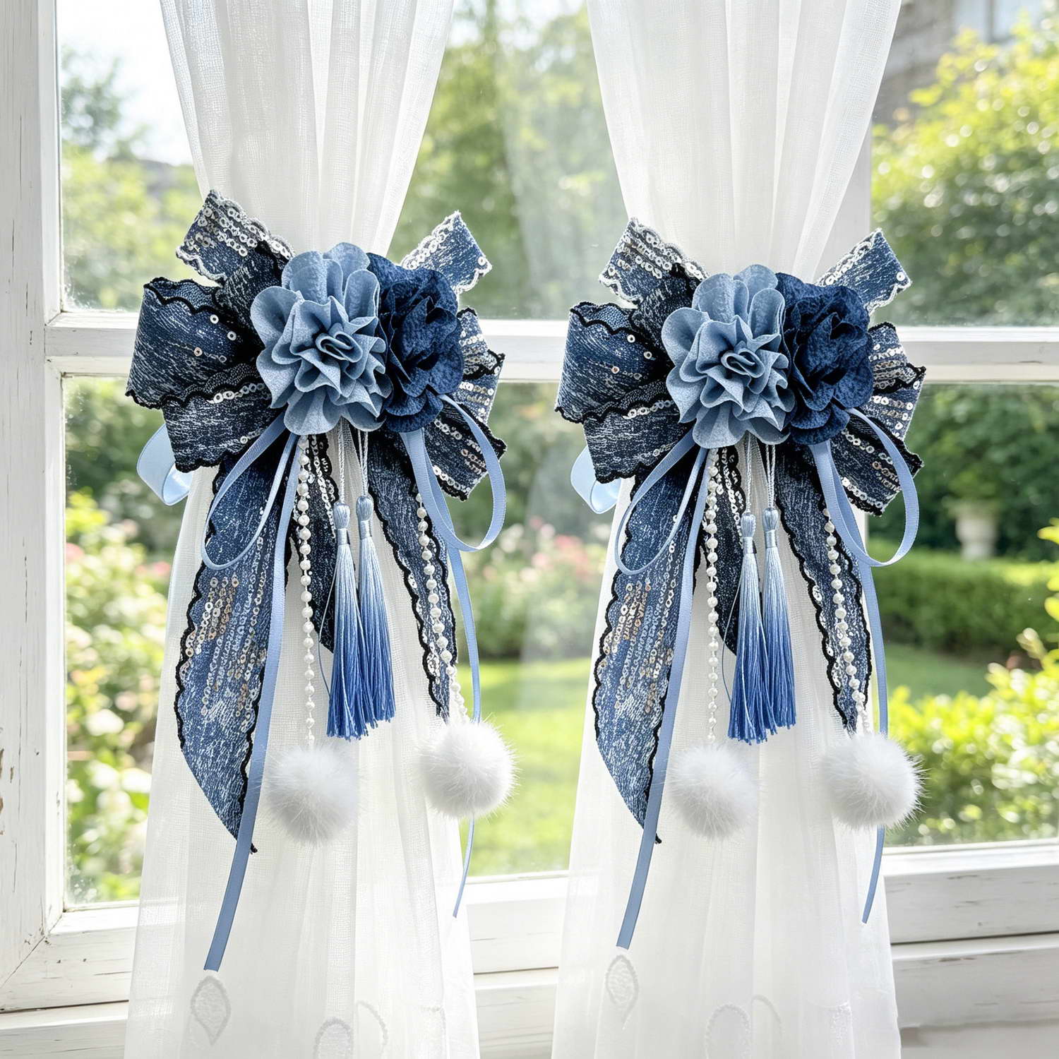 Home Textiles Luxury Curtains - Um Par de Faixas Azuis de